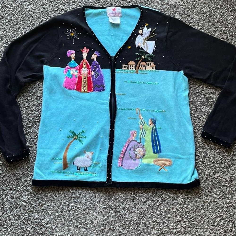 Quacker Factory Vintage Nativity Christmas Zip Cardigan Sweater Blue Women Large